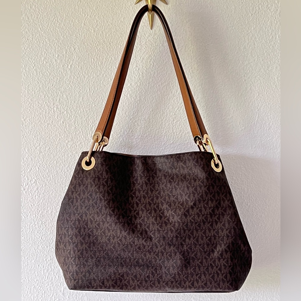 Michael Kors Brown Signature Coated Canvas Raven Large Purse Tote Bag - Picture 9 of 16